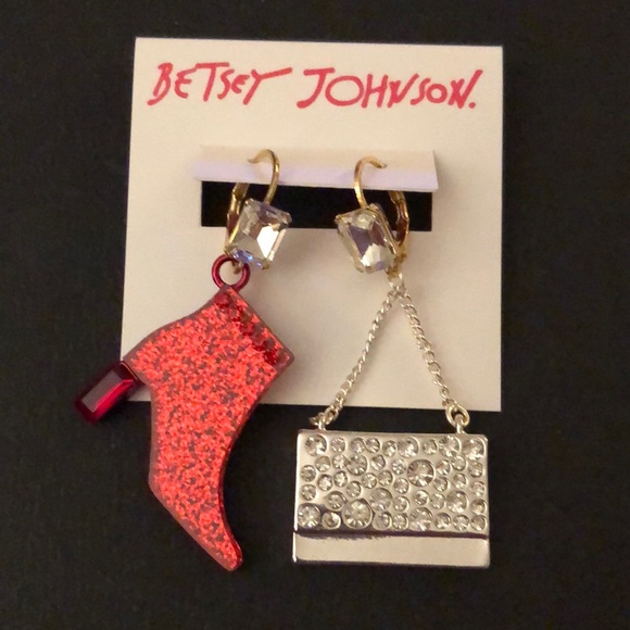 Betsey Johnson Red Glitter Boot & Silver Handbag Mismatch Drop Earrings NWT - Picture 1 of 14